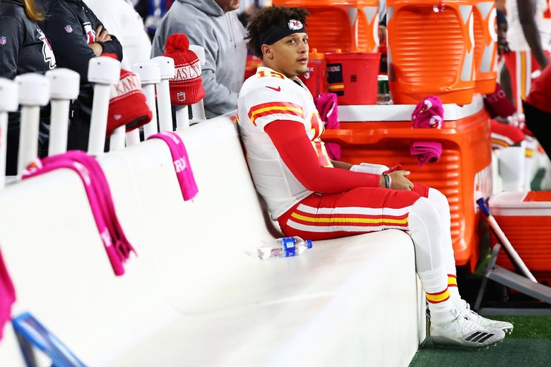 FOXBOROUGH, MA - OCTOBER 14: Patrick Mahomes #15 of the Kansas City Chiefs looks on from the bench before a game against the New England Patriots at Gillette Stadium on October 14, 2018 in Foxborough, Massachusetts. (Photo by Adam Glanzman/Getty Images)
